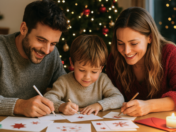 Gezin dat een kerstkaart schrijft