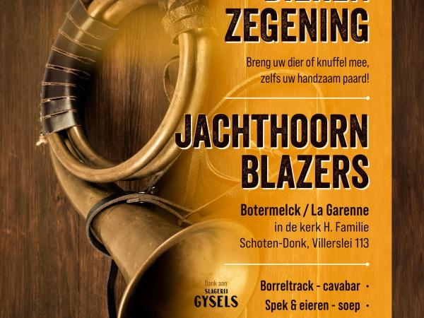 Dierenzegening met jachthoornblazers La Garenne © Masters Schoten